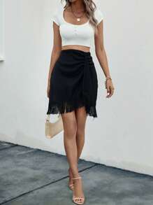 SHEIN Clasi Fringe Hem Váy quấn - màu đen - Xem 5