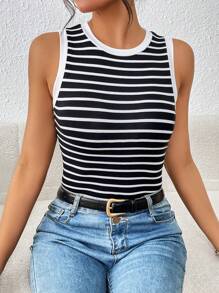 SHEIN Frenchy In sọc Áo ba lỗ - màu đen - Xem 1