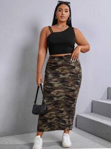 SHEIN EZwear Plus Camo Print Flap Pocket Split Side Skirt - Multicolor - View 3