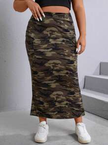 SHEIN EZwear Plus Camo Print Flap Pocket Split Side Skirt - Multicolor - View 6