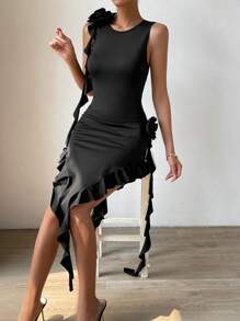 SHEIN Allurite Ruffle Trim Asymmetrical Hem Bodycon Dress - Black - View 6