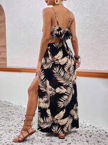 Vivid Eden 夏季海滩热带花卉印花吊带背心和高开叉大腿裙夏季女士海滩两件套