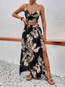 Vivid Eden 夏季海滩热带花卉印花吊带背心和高开叉大腿裙夏季女士海滩两件套