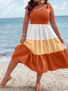 SHEIN Holidaya Hơn Khối màu Cà vạt vai Xù Hoa Sen Váy Dây - trái cam - Xem 1