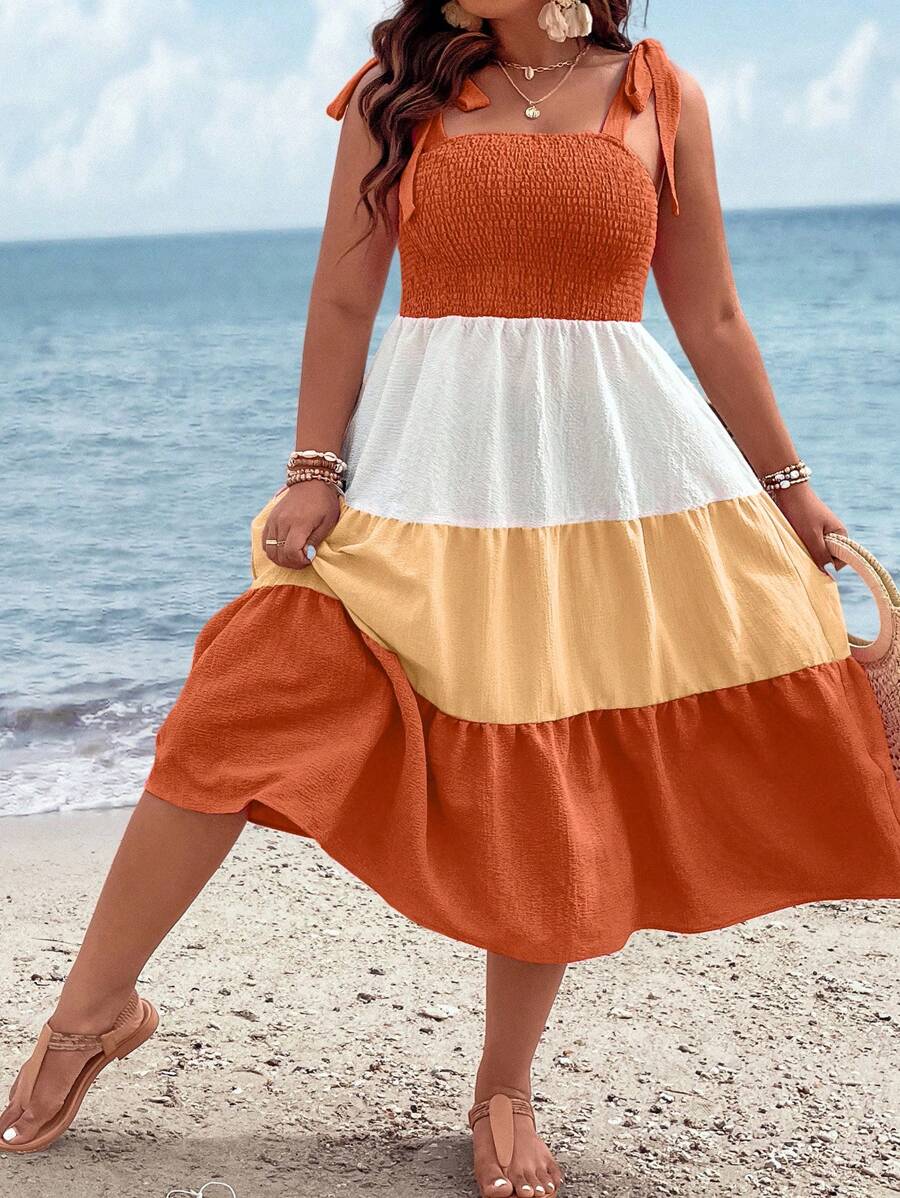 SHEIN Holidaya Hơn Khối màu Cà vạt vai Xù Hoa Sen Váy Dây - trái cam - Xem 1