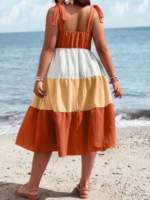 SHEIN Holidaya Hơn Khối màu Cà vạt vai Xù Hoa Sen Váy Dây - trái cam - Xem 2