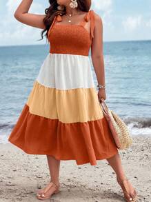 SHEIN Holidaya Hơn Khối màu Cà vạt vai Xù Hoa Sen Váy Dây - trái cam - Xem 3