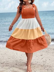 SHEIN Holidaya Hơn Khối màu Cà vạt vai Xù Hoa Sen Váy Dây - trái cam - Xem 4