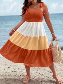 SHEIN Holidaya Hơn Khối màu Cà vạt vai Xù Hoa Sen Váy Dây - trái cam - Xem 6