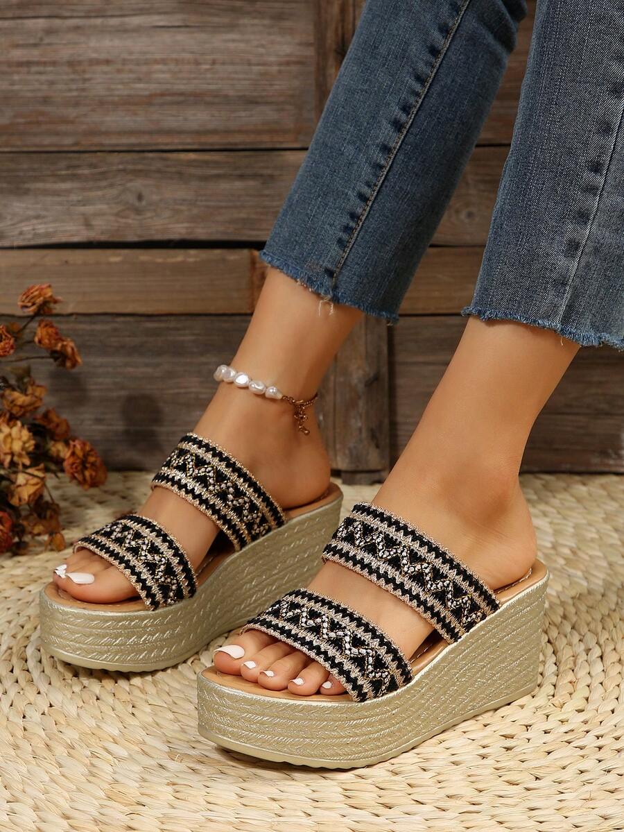 Vacation Style Strappy Wedge Platform Sandals With Thick Bottom - Black - View 1