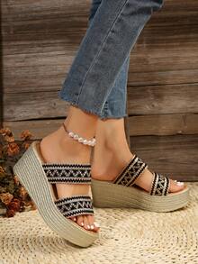 Vacation Style Strappy Wedge Platform Sandals With Thick Bottom - Black - View 2