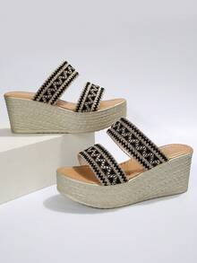 Vacation Style Strappy Wedge Platform Sandals With Thick Bottom - Black - View 6