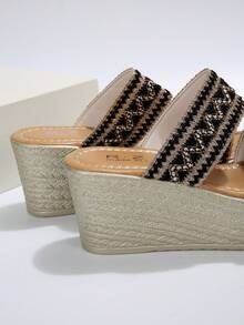 Vacation Style Strappy Wedge Platform Sandals With Thick Bottom - Black - View 7