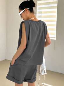 DAZY Solid Tank Top & Roll Up Hem Shorts,Women Two Piece Sets Lounge Sets For Women - Grey - View 2