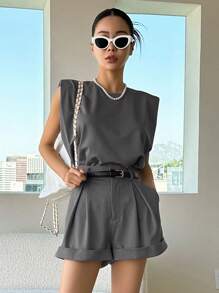 DAZY Solid Tank Top & Roll Up Hem Shorts,Women Two Piece Sets Lounge Sets For Women - Grey - View 4