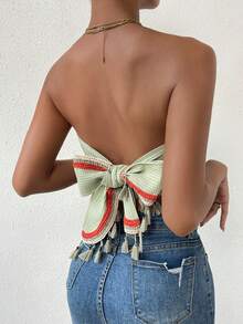 SHEIN VCAY Chất rắn Ca-vát Backless Trang chí tua cờ Ống ngọn - Màu xanh Bạc hà - Xem 3