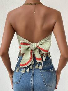 SHEIN VCAY Chất rắn Ca-vát Backless Trang chí tua cờ Ống ngọn - Màu xanh Bạc hà - Xem 2