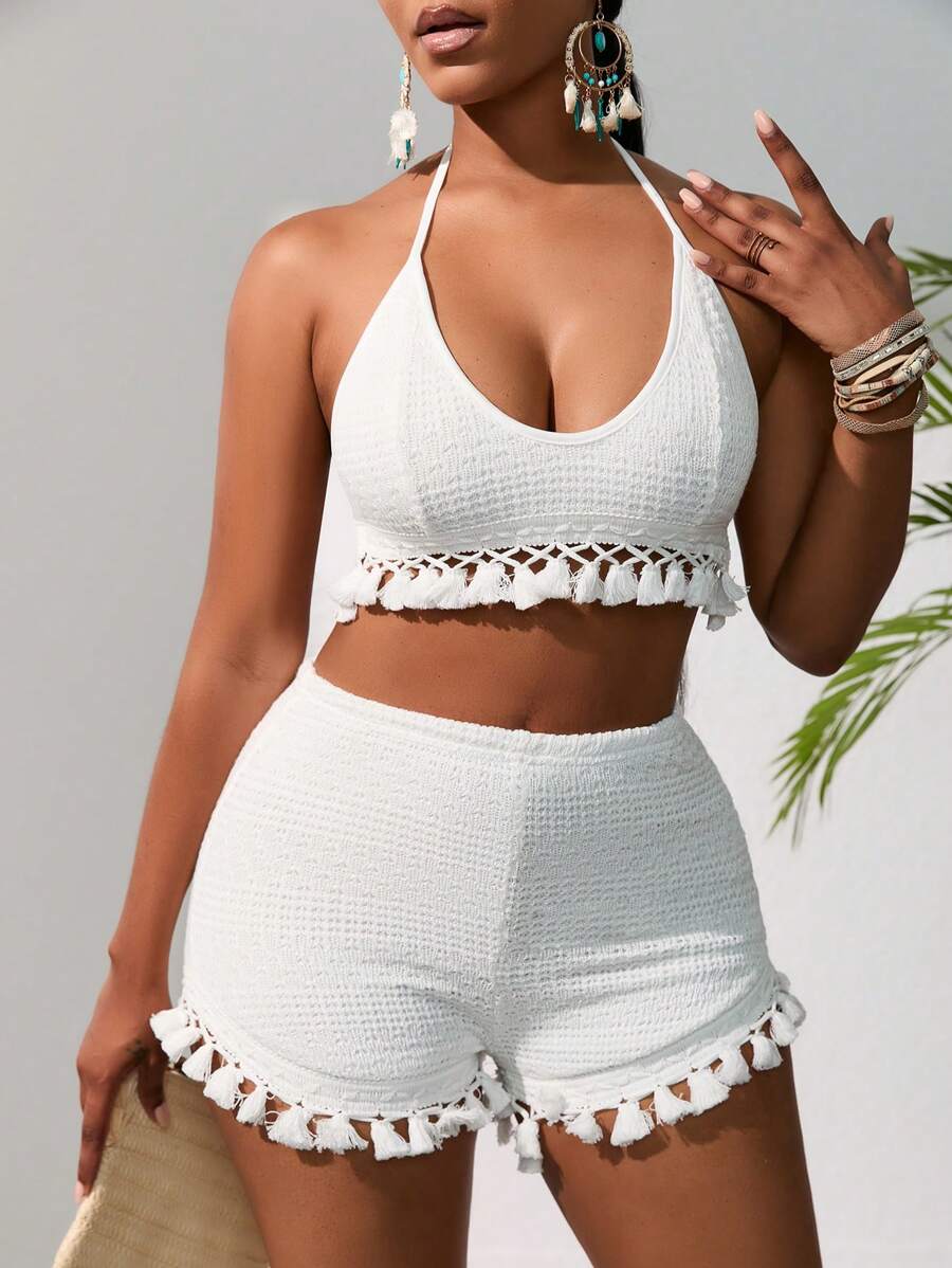 Zolique Tassel Trim Tie Backless Halter Top & Shorts - White - View 1