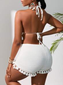 Zolique Tassel Trim Tie Backless Halter Top & Shorts - White - View 2