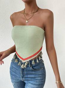SHEIN VCAY Chất rắn Ca-vát Backless Trang chí tua cờ Ống ngọn - Màu xanh Bạc hà - Xem 4