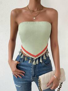 SHEIN VCAY Chất rắn Ca-vát Backless Trang chí tua cờ Ống ngọn - Màu xanh Bạc hà - Xem 5