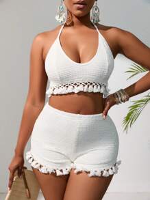 Zolique Tassel Trim Tie Backless Halter Top & Shorts - White - View 4