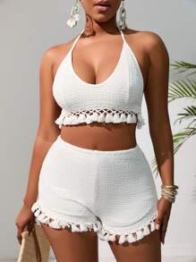 Zolique Tassel Trim Tie Backless Halter Top & Shorts - White - View 6