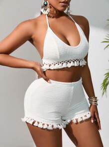 Zolique Tassel Trim Tie Backless Halter Top & Shorts - White - View 7