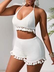 Zolique Tassel Trim Tie Backless Halter Top & Shorts - White - View 8