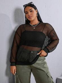 SHEIN EZwear 大碼落肩袖漁網網紗上衣無女用短袖襯衣