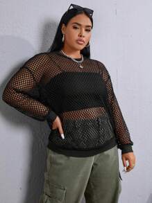 SHEIN EZwear 大碼落肩袖漁網網紗上衣無女用短袖襯衣