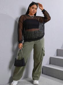 SHEIN EZwear 大碼落肩袖漁網網紗上衣無女用短袖襯衣