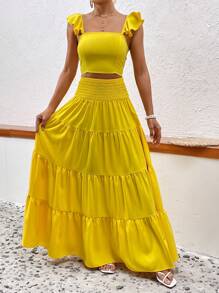 SHEIN VCAY Ruffle Trim Crop Top & Ruffle Hem Skirt