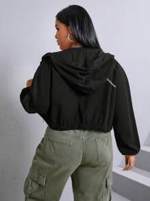 SHEIN EZwear Hơn Túi có nắp Thả vai Dây rút áo có mũ Áo Jacket Crop - màu đen - Xem 3