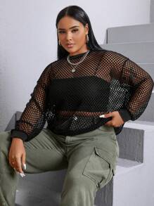 SHEIN EZwear 大碼落肩袖漁網網紗上衣無女用短袖襯衣