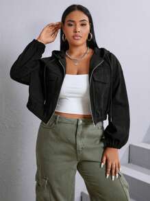 SHEIN EZwear Hơn Túi có nắp Thả vai Dây rút áo có mũ Áo Jacket Crop - màu đen - Xem 1