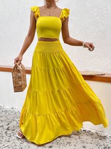 SHEIN VCAY Ruffle Trim Crop Top & Ruffle Hem Skirt