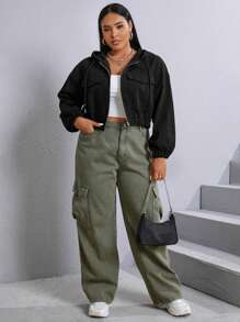 SHEIN EZwear Hơn Túi có nắp Thả vai Dây rút áo có mũ Áo Jacket Crop - màu đen - Xem 4