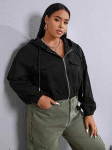 SHEIN EZwear Hơn Túi có nắp Thả vai Dây rút áo có mũ Áo Jacket Crop - màu đen - Xem 5