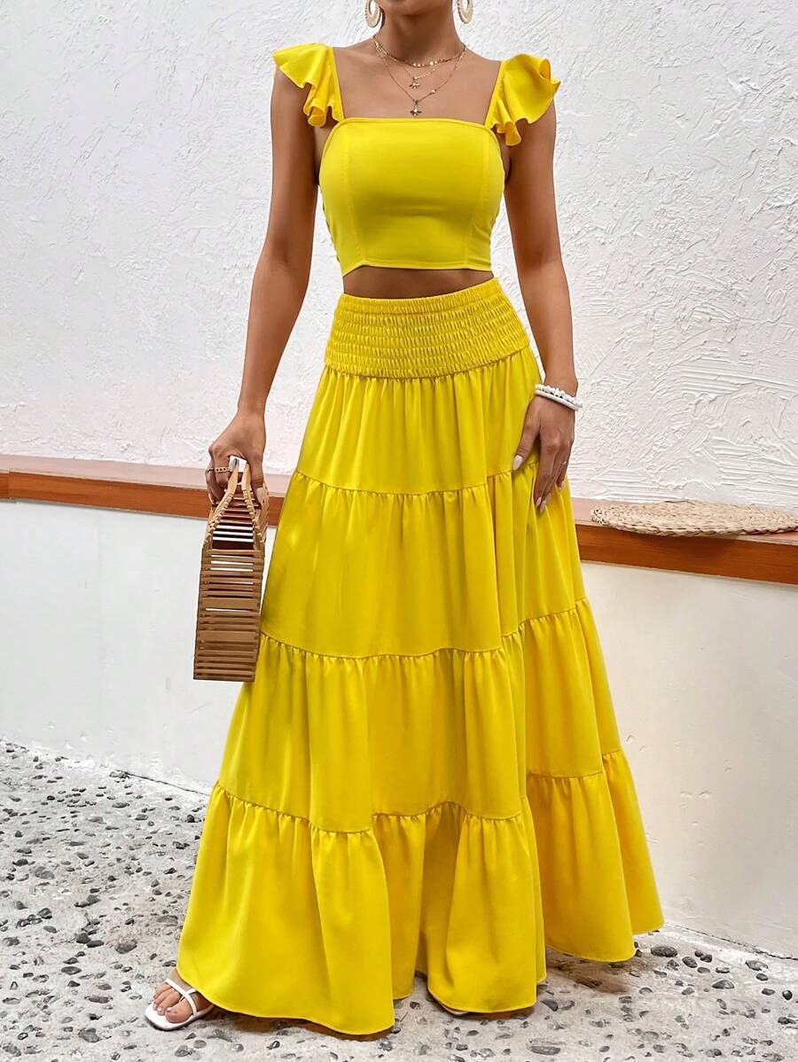 SHEIN VCAY Ruffle Trim Crop Top & Ruffle Hem Skirt