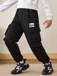 SHEIN 青少年男孩純色舒適工裝長褲，腳踝收口設計 - 黑色 - 查看 1