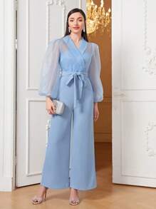 Modelyn 青果領燈籠袖腰帶闊腿連體褲 - 淺藍色 - 查看 1