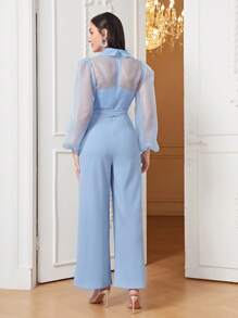 Modelyn 青果領燈籠袖腰帶闊腿連體褲 - 淺藍色 - 查看 2