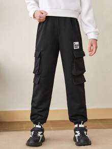 SHEIN 青少年男孩純色舒適工裝長褲，腳踝收口設計 - 黑色 - 查看 4