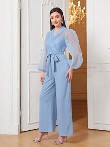 Modelyn 青果領燈籠袖腰帶闊腿連體褲 - 淺藍色 - 查看 4