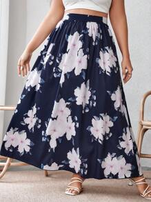 SHEIN VCAY Plus Floral Print Flare Skirt - Navy Blue - View 1