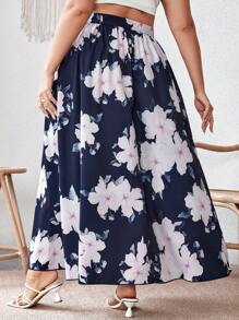 SHEIN VCAY Plus Floral Print Flare Skirt - Navy Blue - View 2
