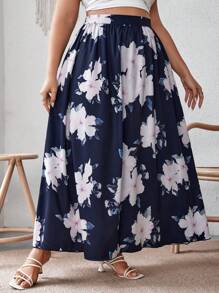 SHEIN VCAY Plus Floral Print Flare Skirt - Navy Blue - View 4