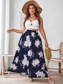 SHEIN VCAY Plus Floral Print Flare Skirt - Navy Blue - View 5