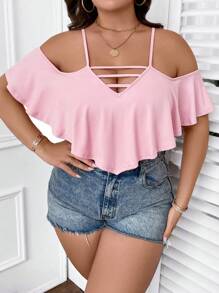 SHEIN Unity Hơn Vai lạnh Cắt ra Áo liền quần chặt - Hồng - Xem 1